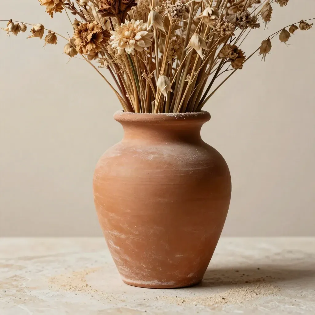 Jarrón de barro terracota con avena seca y flores deshidratadas sobre travertino.