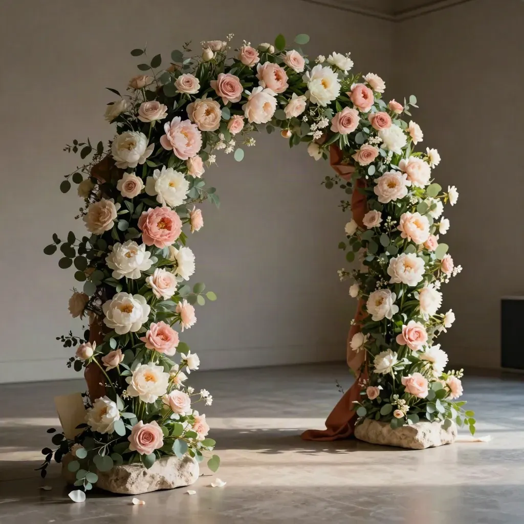 Arco floral monumental con peonías y rosas sobre base de piedra en un estudio luminoso.