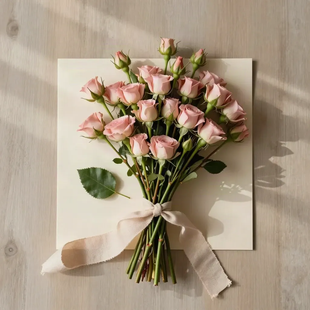 Ramillete de rosas mini rosa con cinta de lino sobre madera clara, vista cenital.