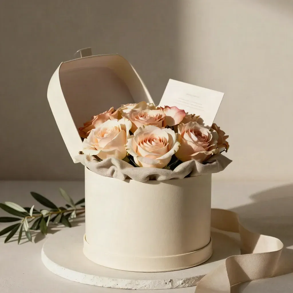 Caja crema de rosas y lino con tapa apenas abierta, estilo estudio elegante.