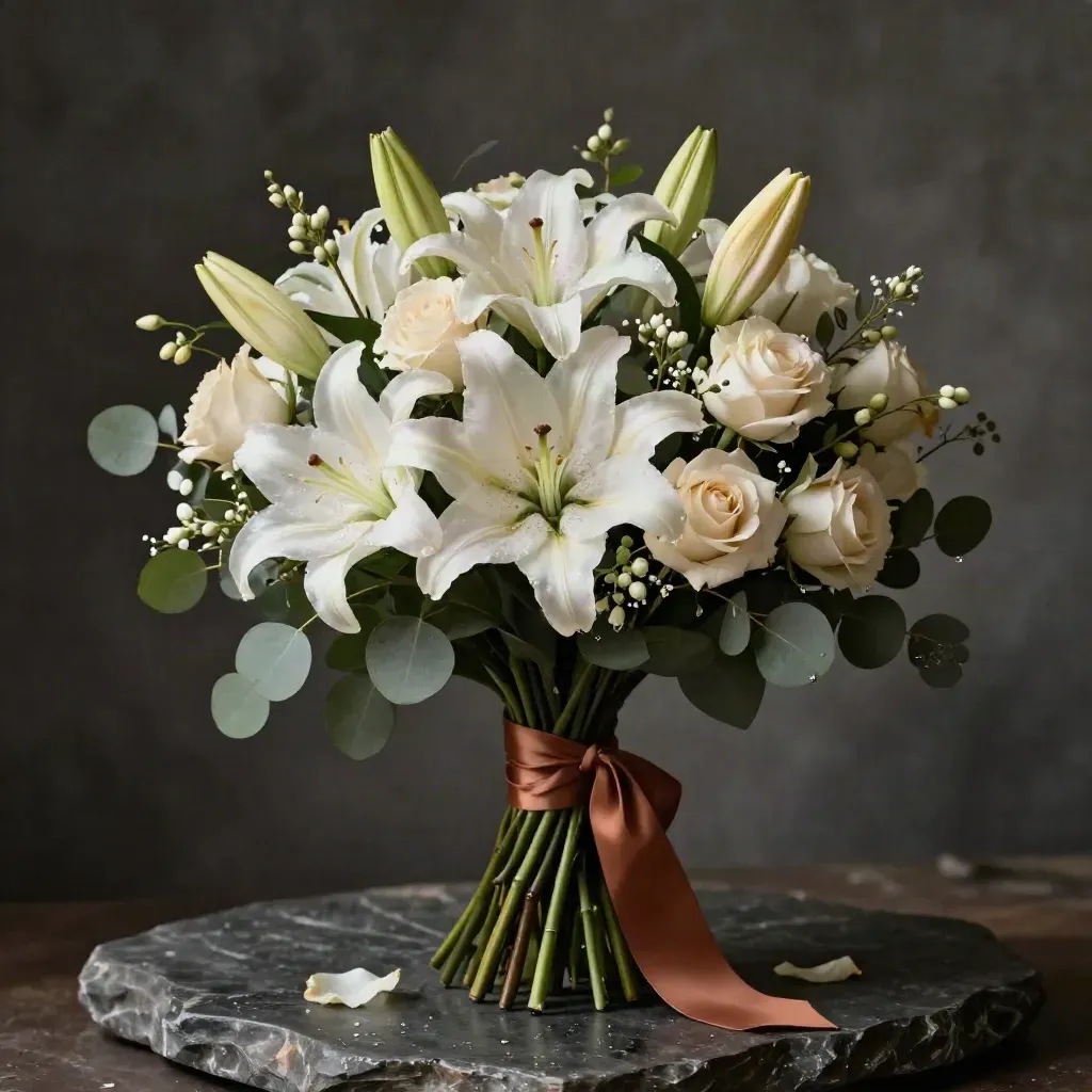 Ramo de condolencia con lirios blancos, rosas crema y cinta terracota sobre piedra oscura
