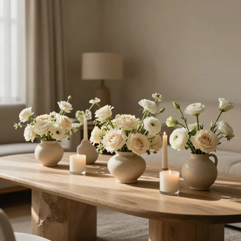 Centro floral bajo con flores blancas y velas sobre mesa neutra, luz suave de salón