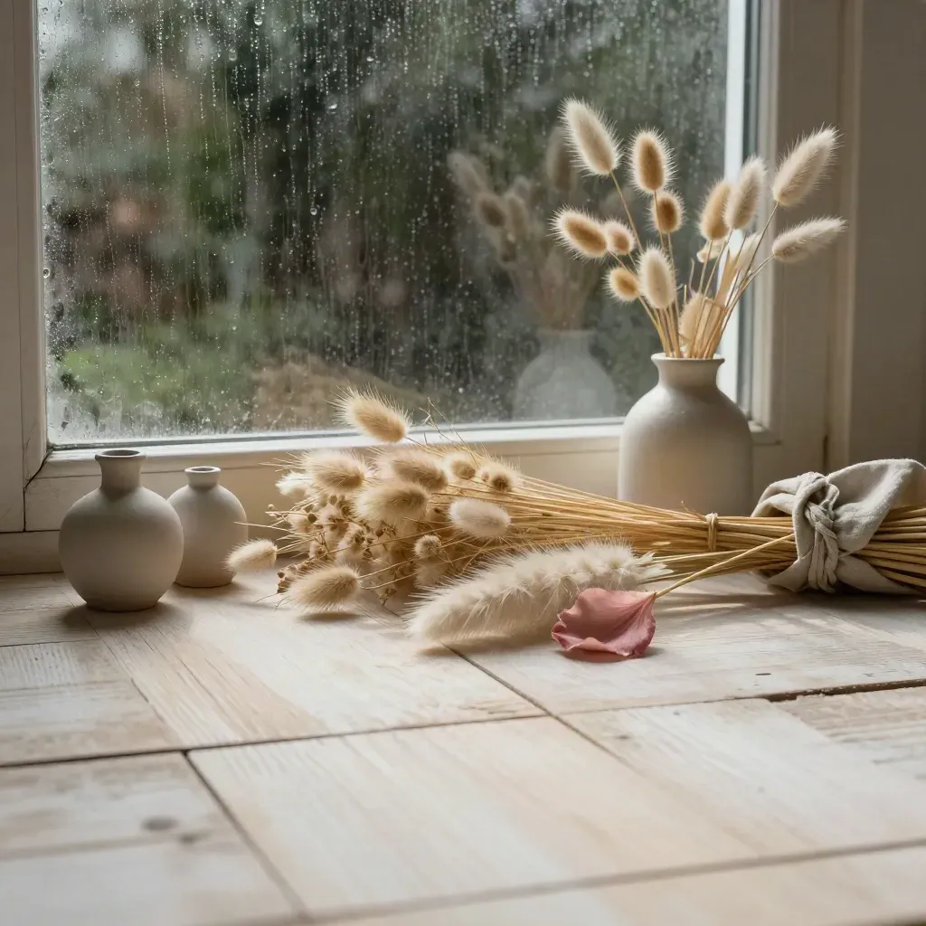 Flores secas y vasijas difusas sobre madera blanqueada junto a ventana con lluvia.